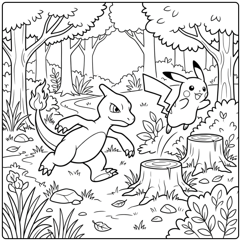 Fun Pokemon Charmeleon and Playful Pikachu in Forest coloring page