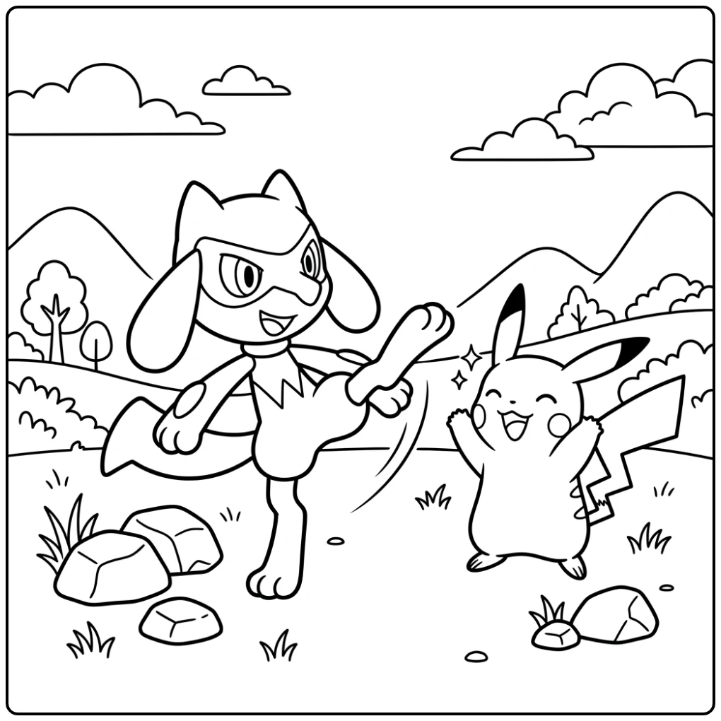 Fun Pokemon Cute with Riolu and Cheering Pikachu coloring page