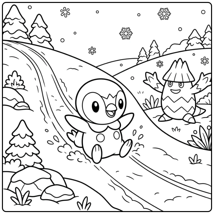 Fun Pokemon Cute Piplup and Snover in the Snow coloring page