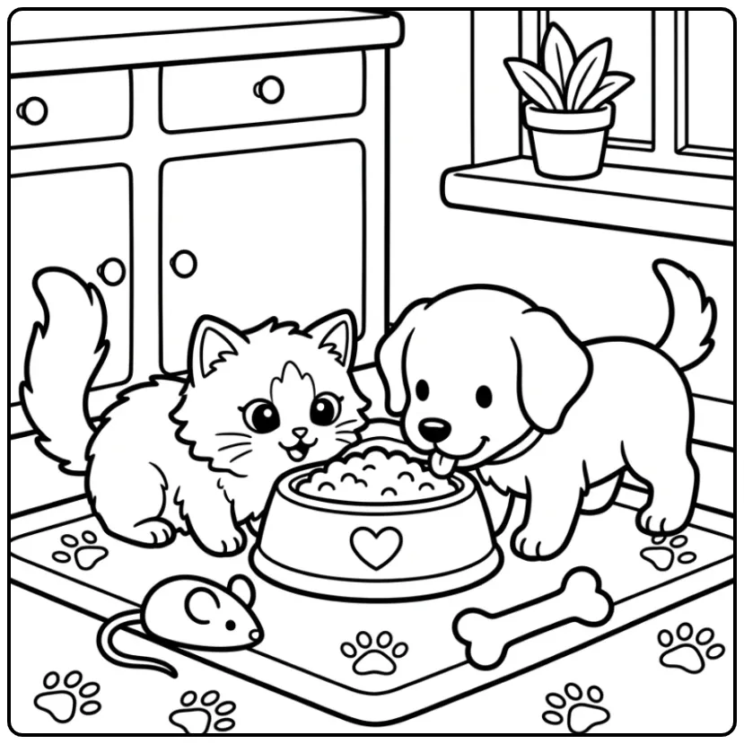 Fun Puppy and Kitten Eating in the Kitchen coloring page