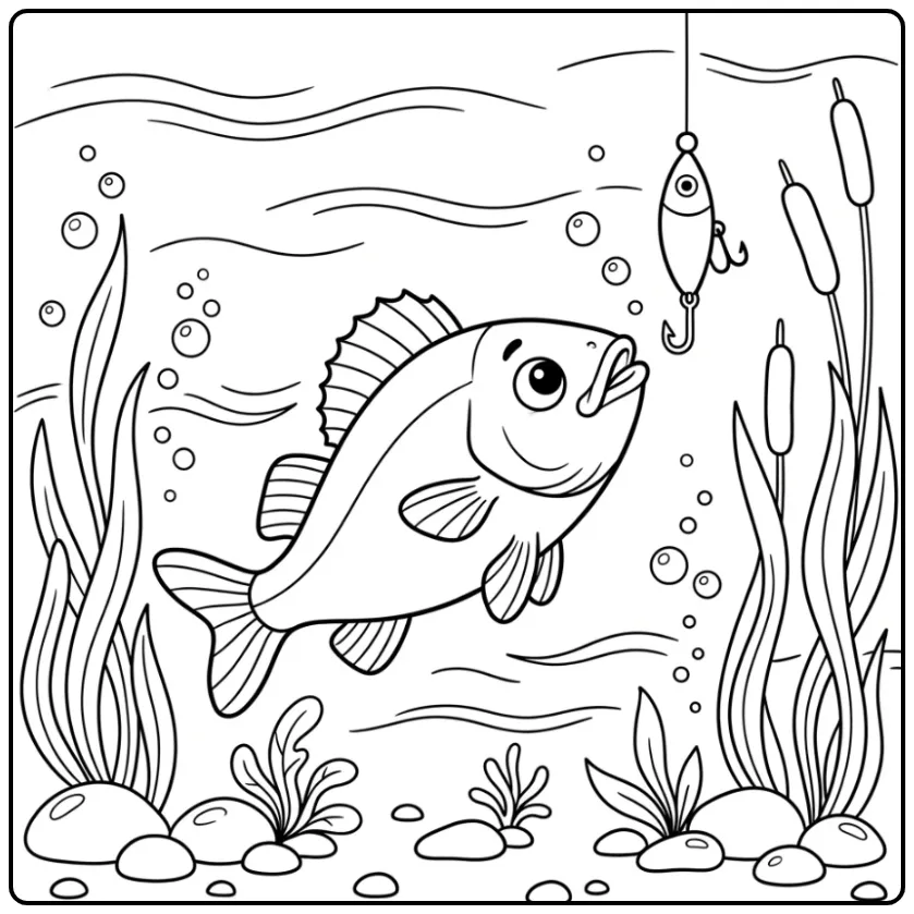 Zander coloring page with a fishing lure and bubbles