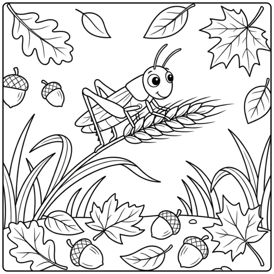 Grasshopper coloring page featuring a grasshopper in an autumn field