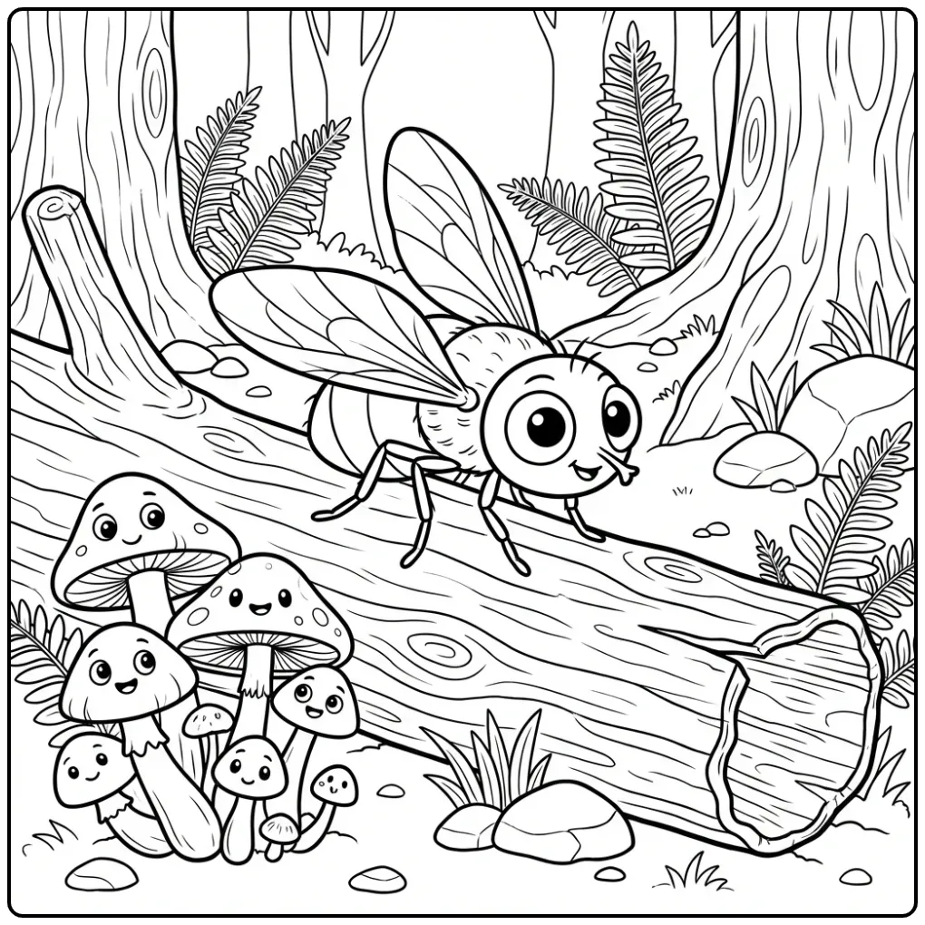 Fly coloring page showing a fly on a log in the forest