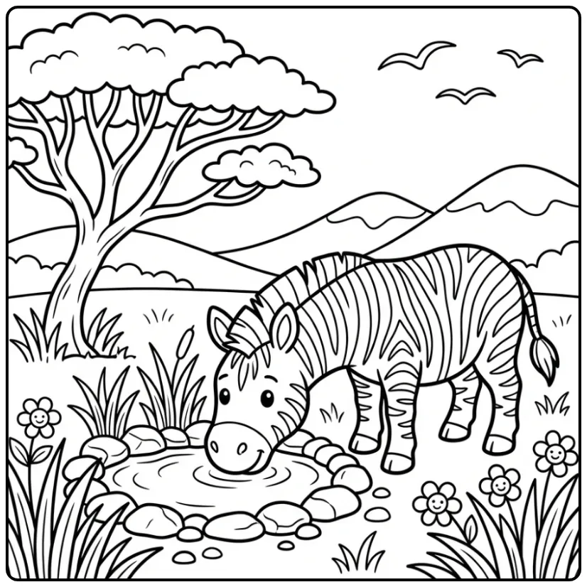 Fun Zebra with a Waterhole on the Savanna coloring page