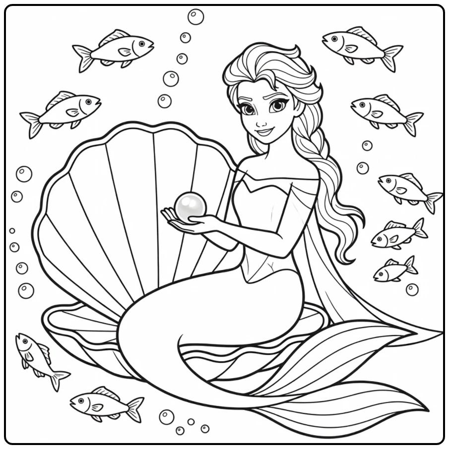 Fun Mermaid Elsa Underwater with Fishing coloring page
