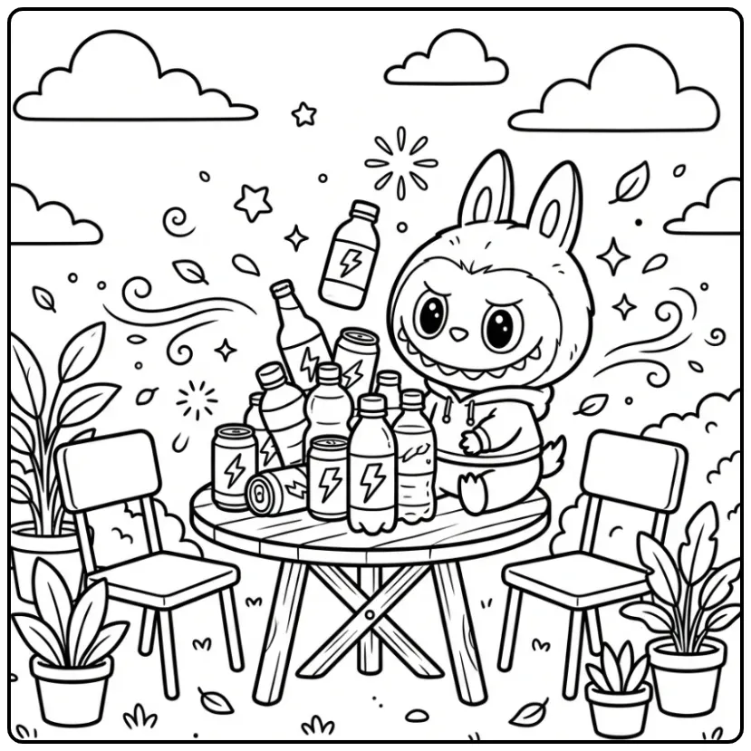 Fun Labubu Big Into Energy at a Table coloring page