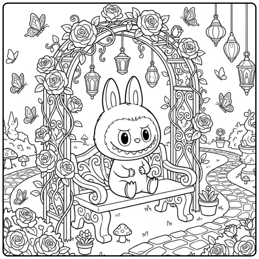 Fun Labubu Have a Seat in the Magical Garden coloring page
