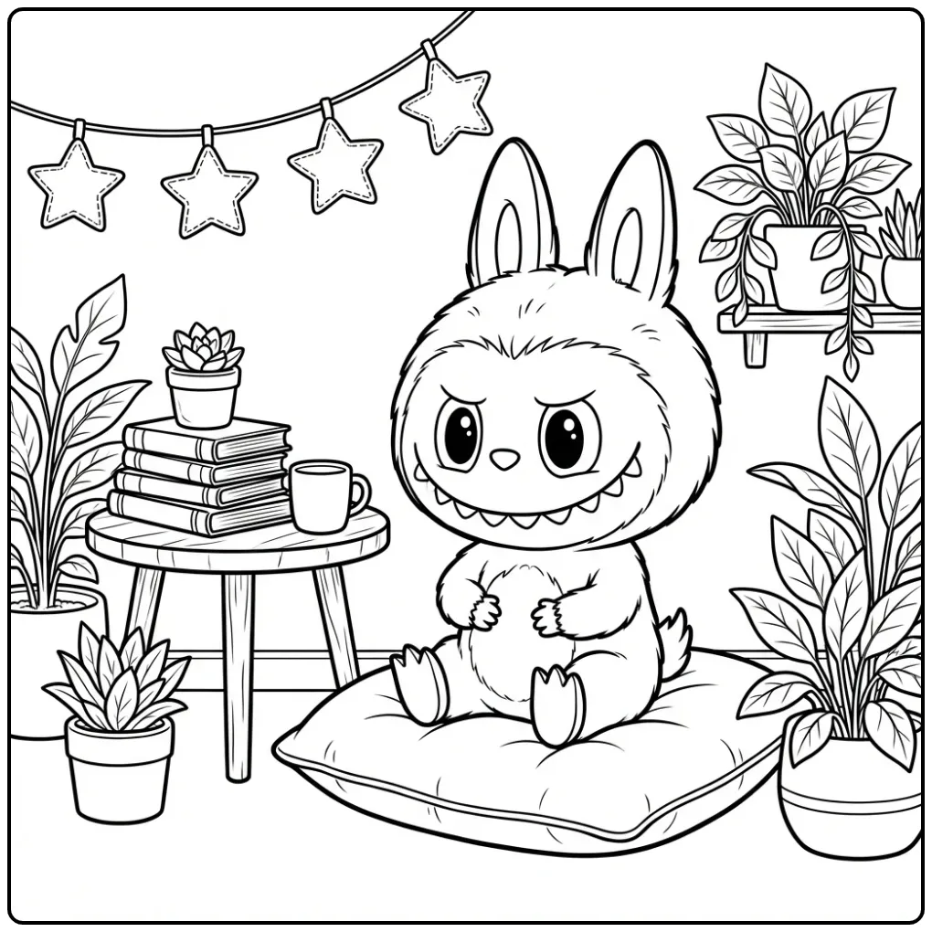 Fun Labubu Having a Seat in a Reading Nook coloring page