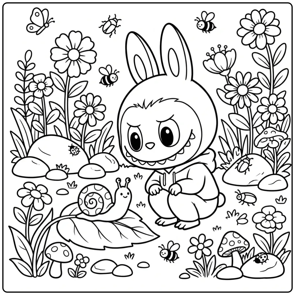 Fun Labubu in a Garden Full of Flowers and Plants coloring page