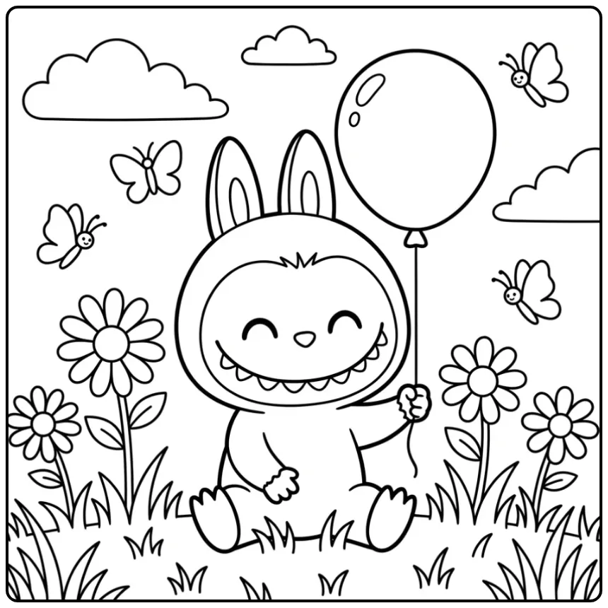 Fun Easy Labubu with Butterflies and Clouds coloring page
