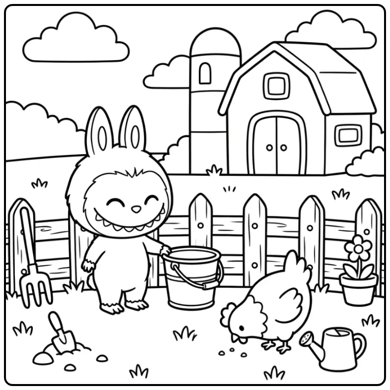 Fun Easy Labubu on a Farm coloring page