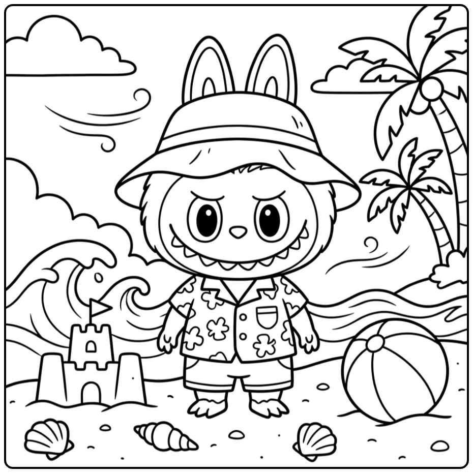 Labubu in Summer Clothes with a Sand Castle coloring page