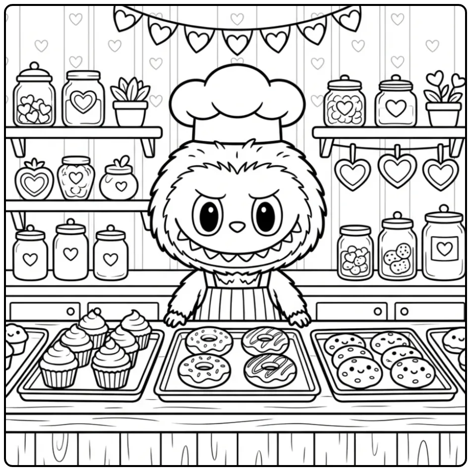 Fun Labubu in Clothes at the Bakery coloring page