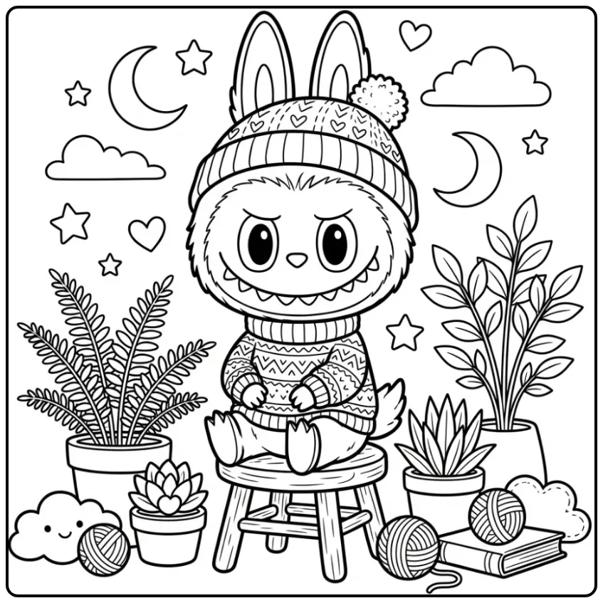 Fun Labubu with Clothes on a Stool coloring page