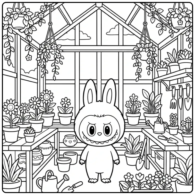 Fun Detailed Labubu with Plants and Flowers coloring page