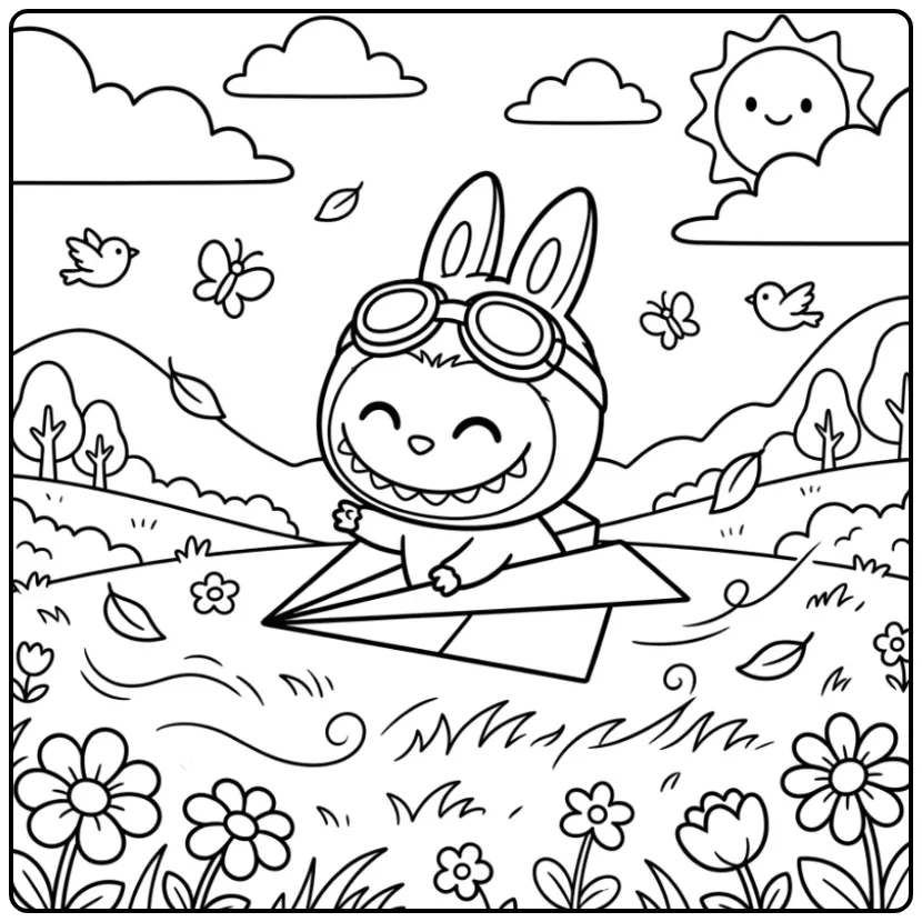 Fun Labubu Flying in a Flower Field coloring page