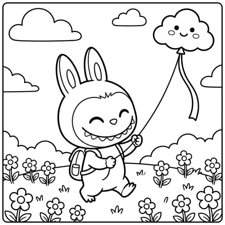 Fun Labubu Flying a Kite Among Flowers coloring page