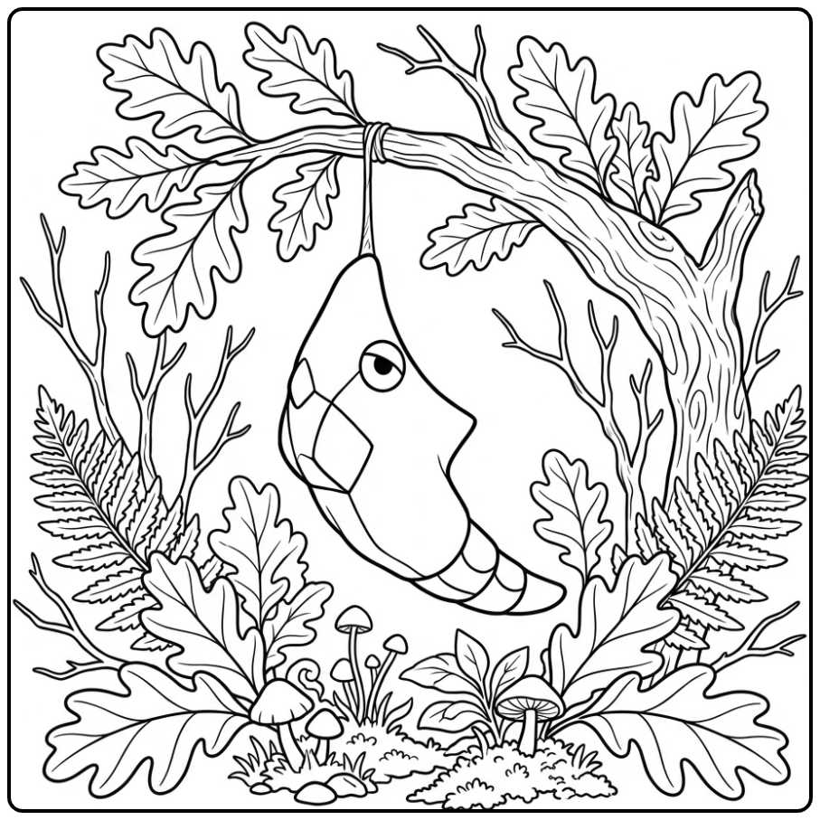 Fun Metapod Hanging from a Tree Branch in the Forest coloring page