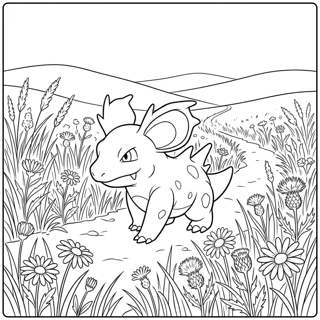 Fun Nidorina in a Meadow Landscape coloring page