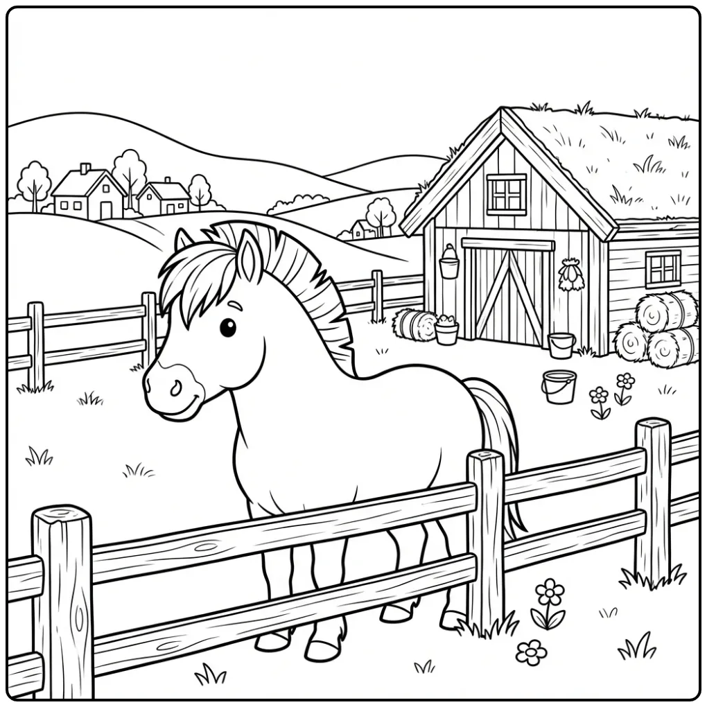 Fun Fjord Horse with a Norwegian Farm coloring page