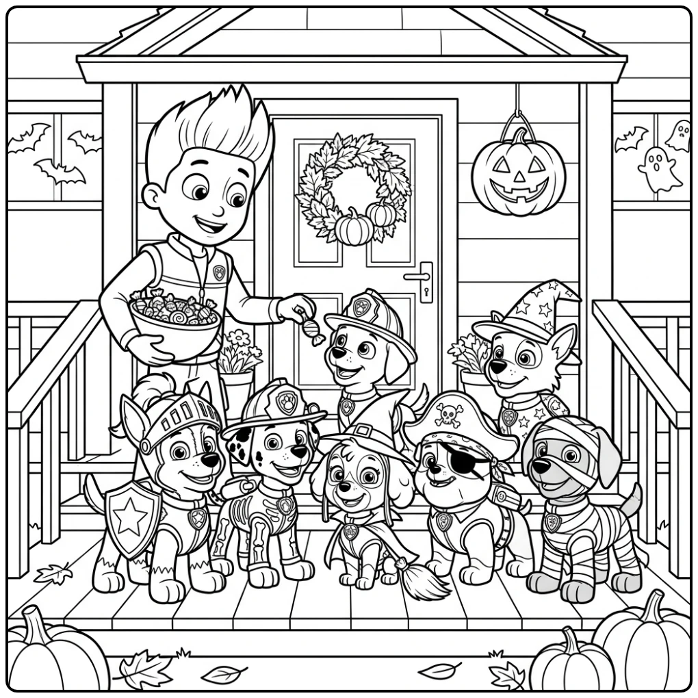 Fun Paw Patrol Halloween Ryder and Costumed Pups coloring page