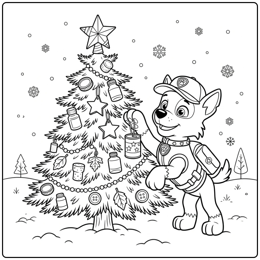 Fun Paw Patrol Christmas Rocky and the Tree coloring page