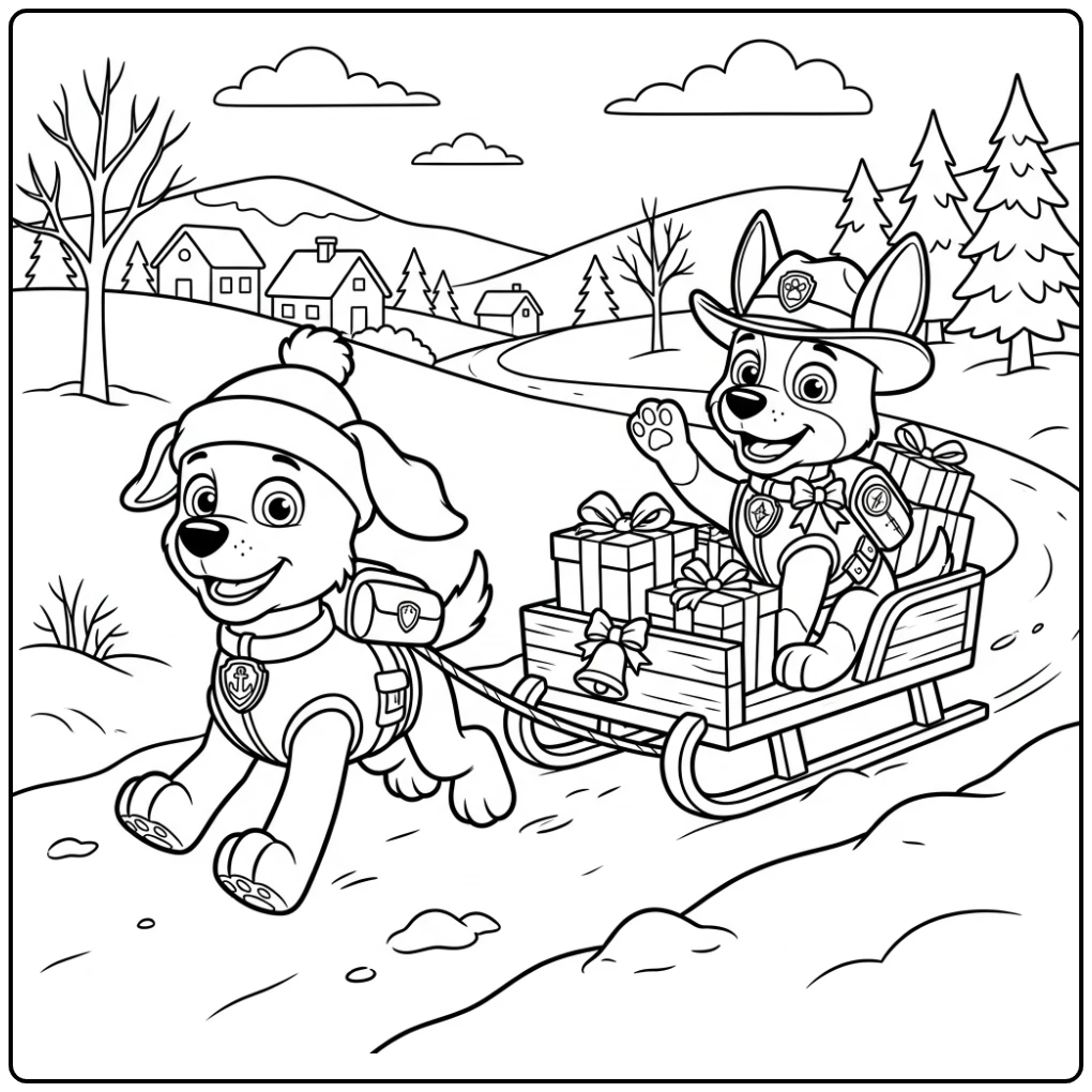 Fun Paw Patrol Christmas Zuma and Tracker with Gifts coloring page