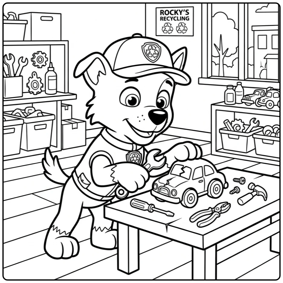Fun Easy Paw Patrol Rocky Repairing Toys coloring page