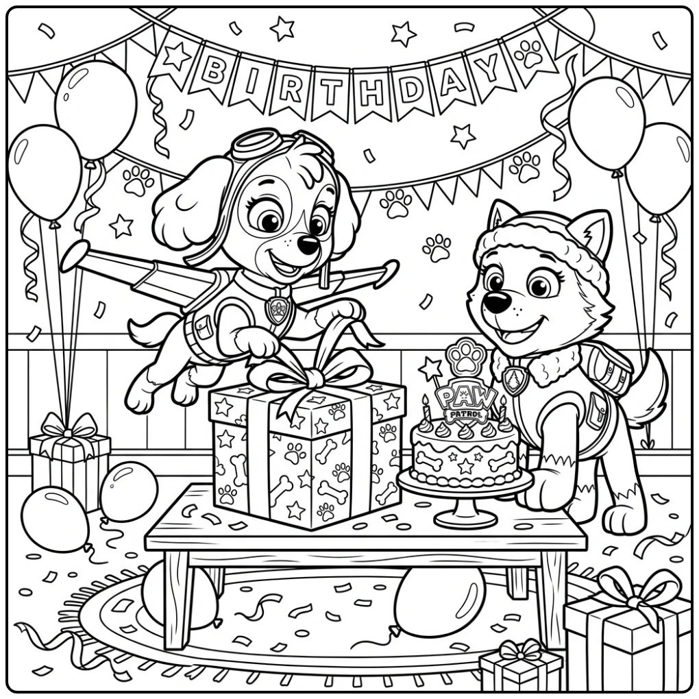 Fun Paw Patrol Birthday with Skye Everest and Gifts coloring page