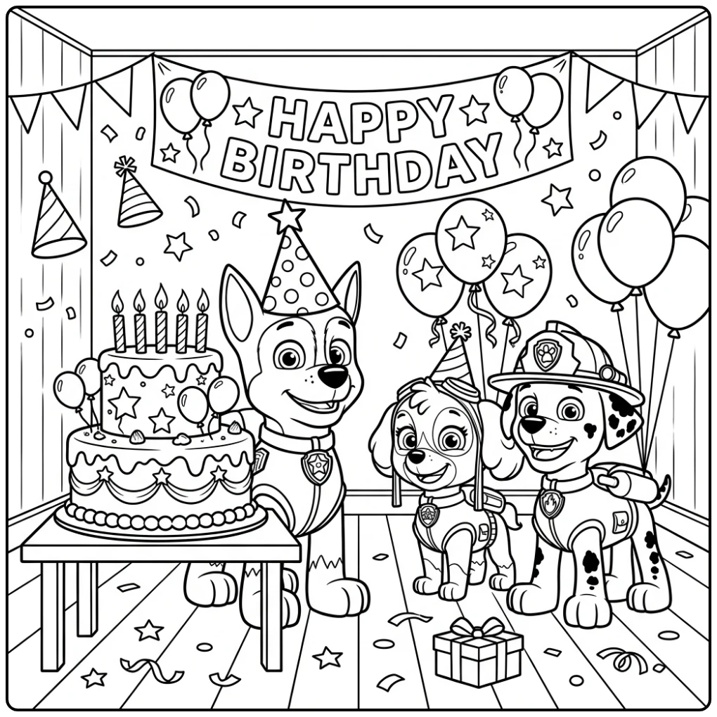 Fun Paw Patrol Birthday Scene with Cake and Party Hats coloring page