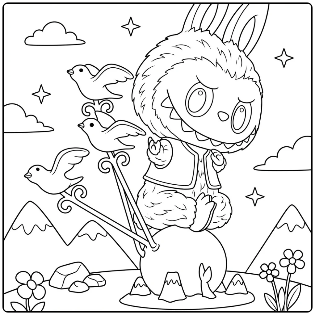 Fun Peach Labubu with Birds and Mountains coloring page