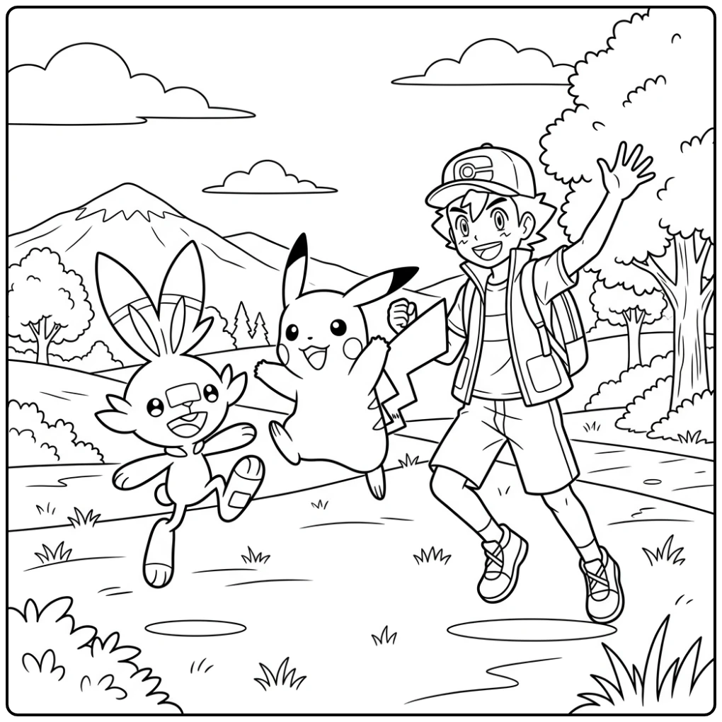 Fun Ash Pikachu and Scorbunny Training coloring page
