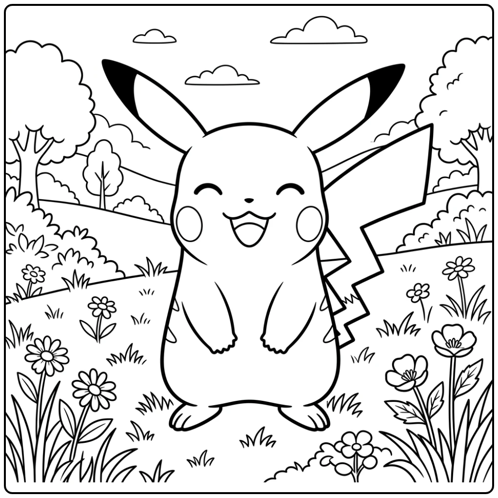 Fun Pikachu in a Grassy Meadow with Flowers coloring page