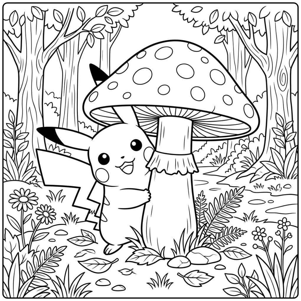 Fun Pikachu in the Forest with a Mushroom coloring page