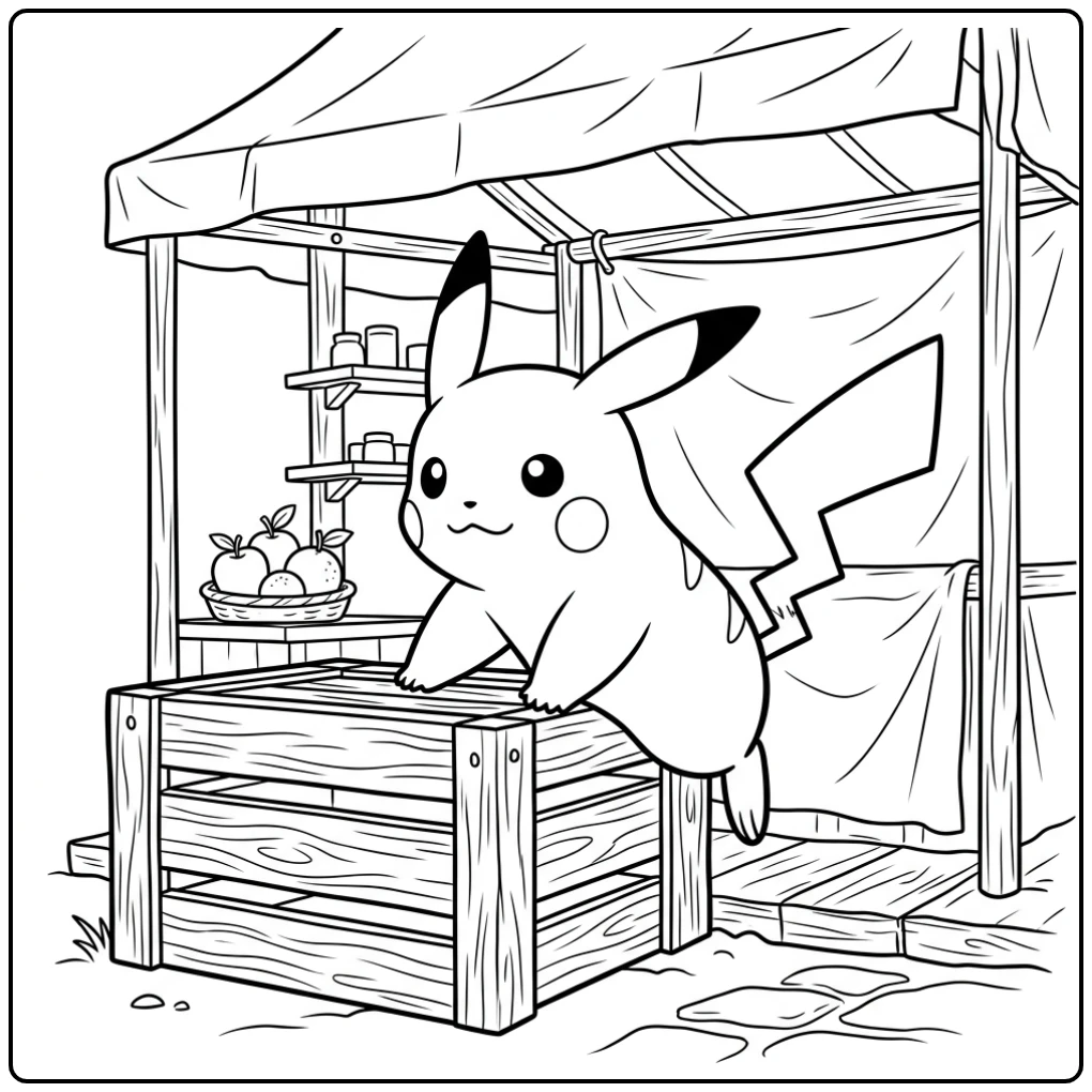 Fun Pikachu with Fruit in a Market Stall coloring page