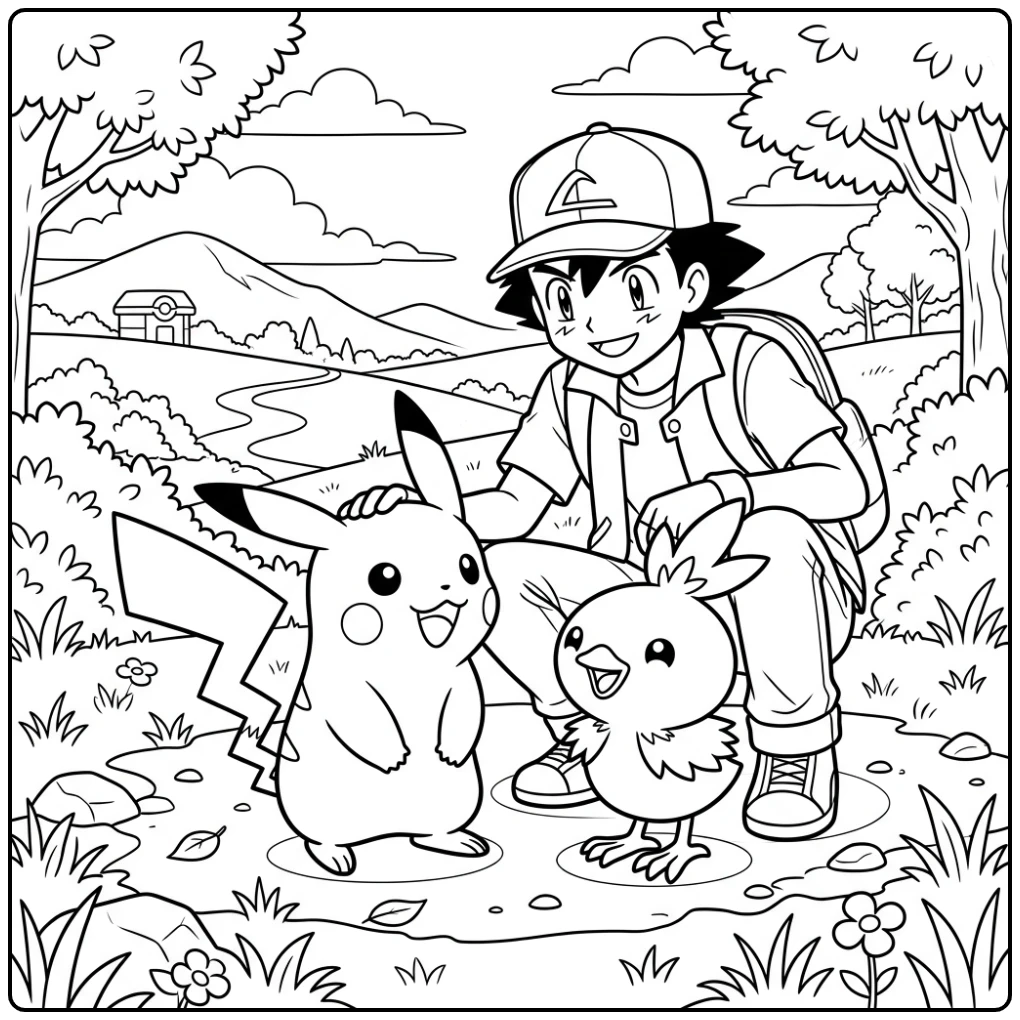 Fun Pikachu Torchic and Smiling Ash coloring page