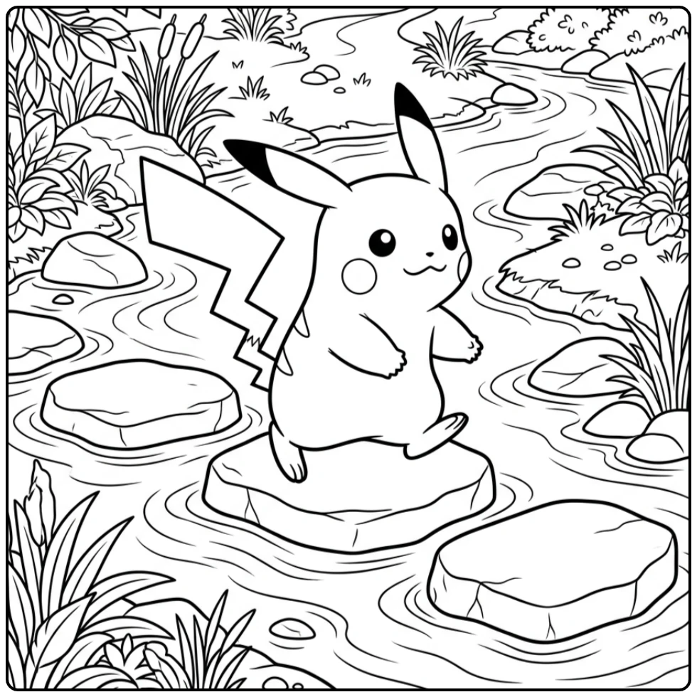 Fun Pikachu on Stepping Stones in a Quiet Stream coloring page