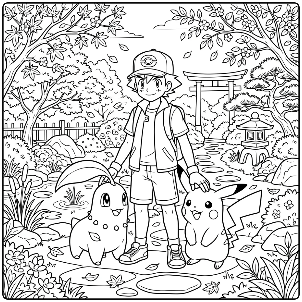 Fun Pikachu Ash and Chikorita in the Garden coloring page