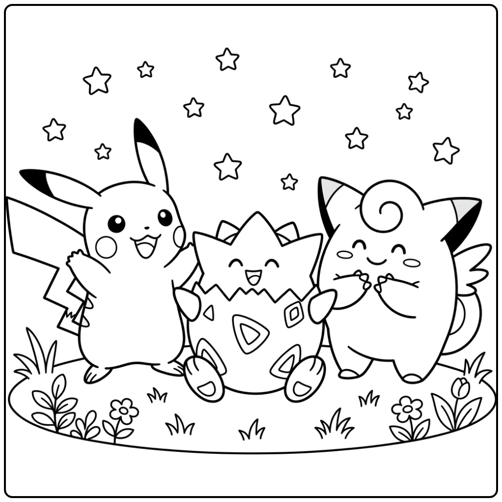 Fun Pokemon Easy with Togepi Pikachu and Clefairy coloring page