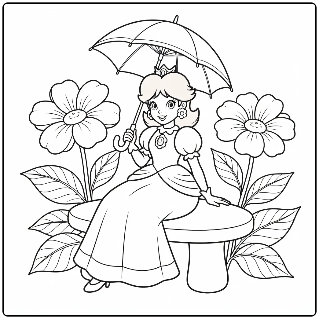 Fun Princess Daisy with a Parasol and Flowers coloring page