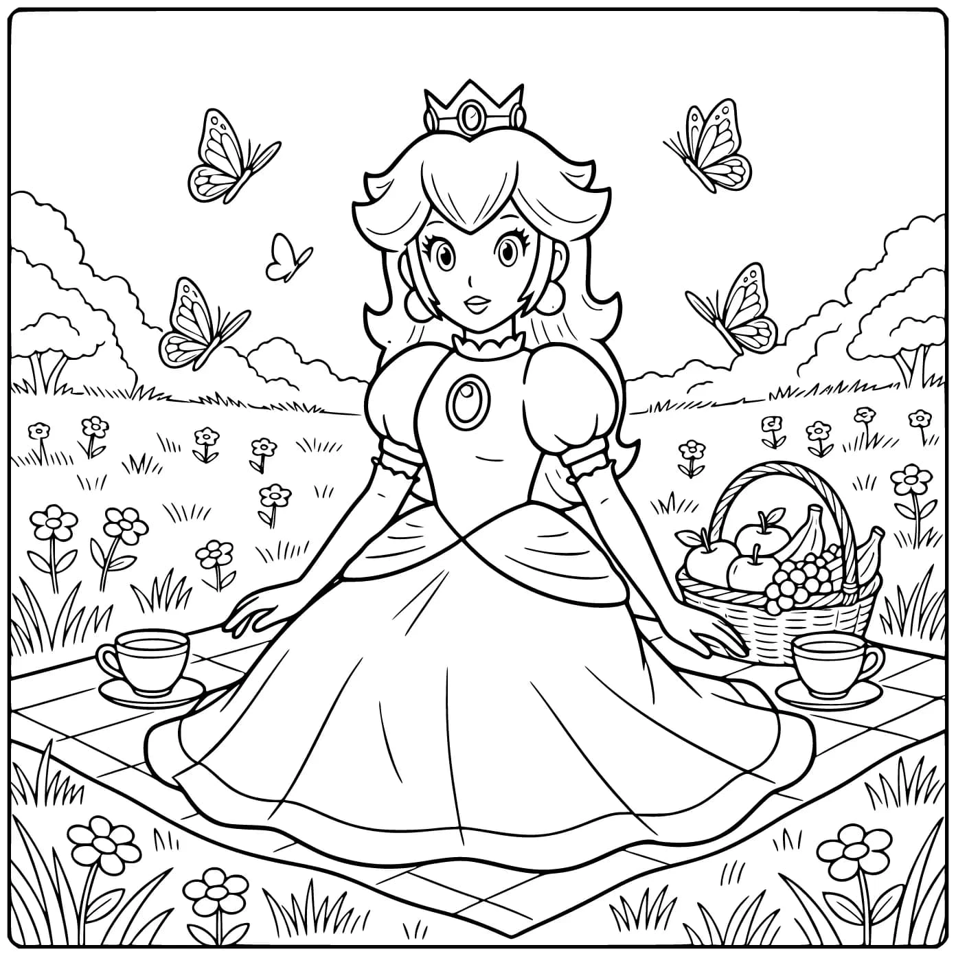 Fun Princess Peach for Children in the Meadow coloring page