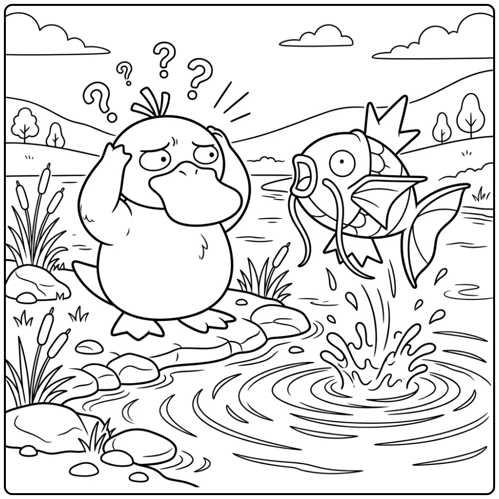 Fun Magikarp Surprised Psyduck at the River coloring page