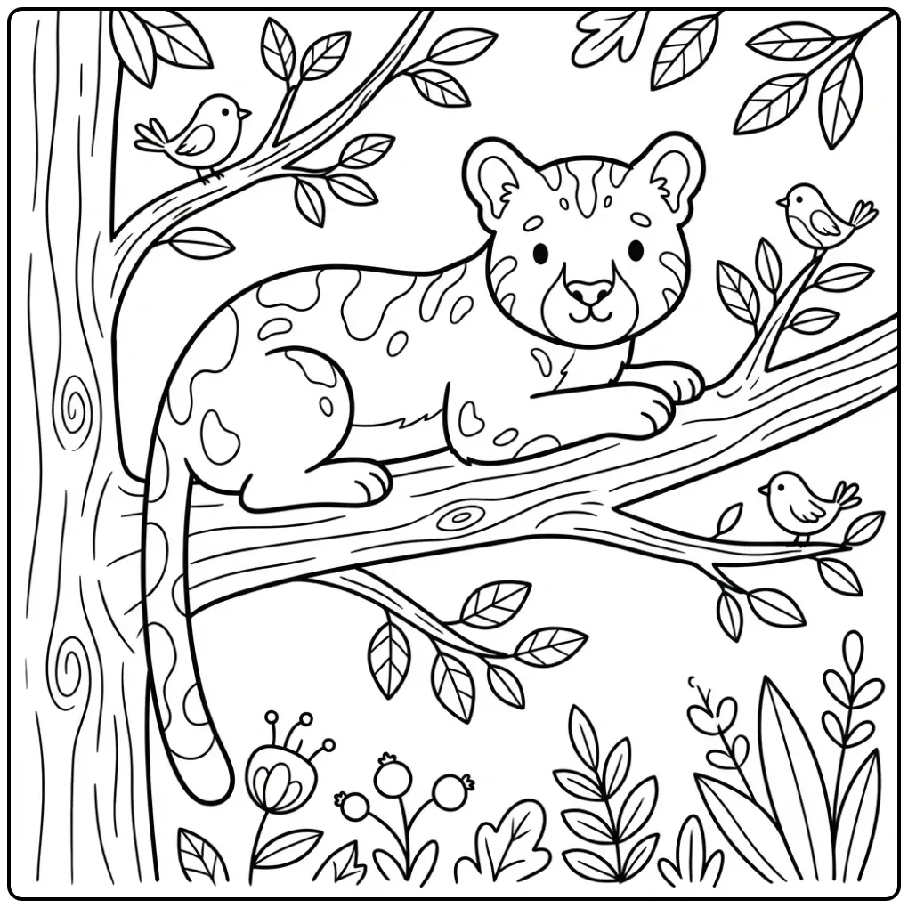 Fun Puma Little Birds in the Forest coloring page