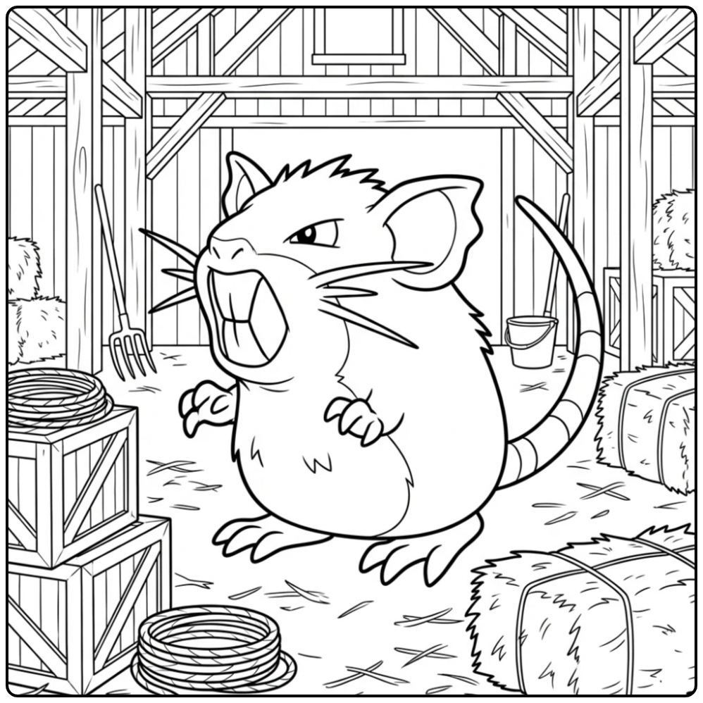 Fun Raticate on the Farm in a Barn coloring page