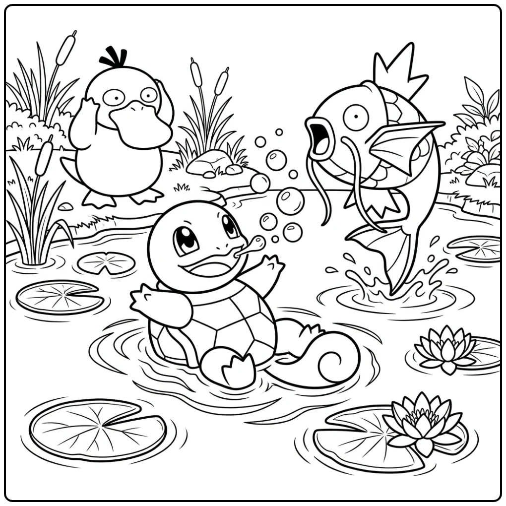 Fun Squirtle Adventure in the Pond with Friends coloring page