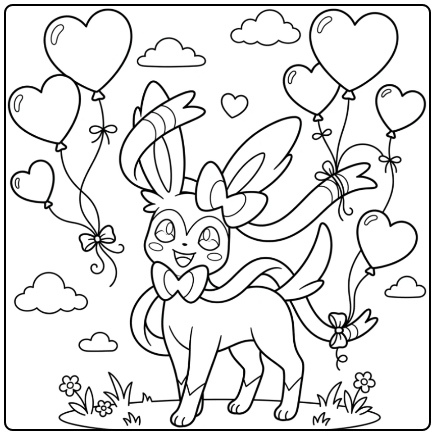 Fun Sylveon with Floating Hearts coloring page