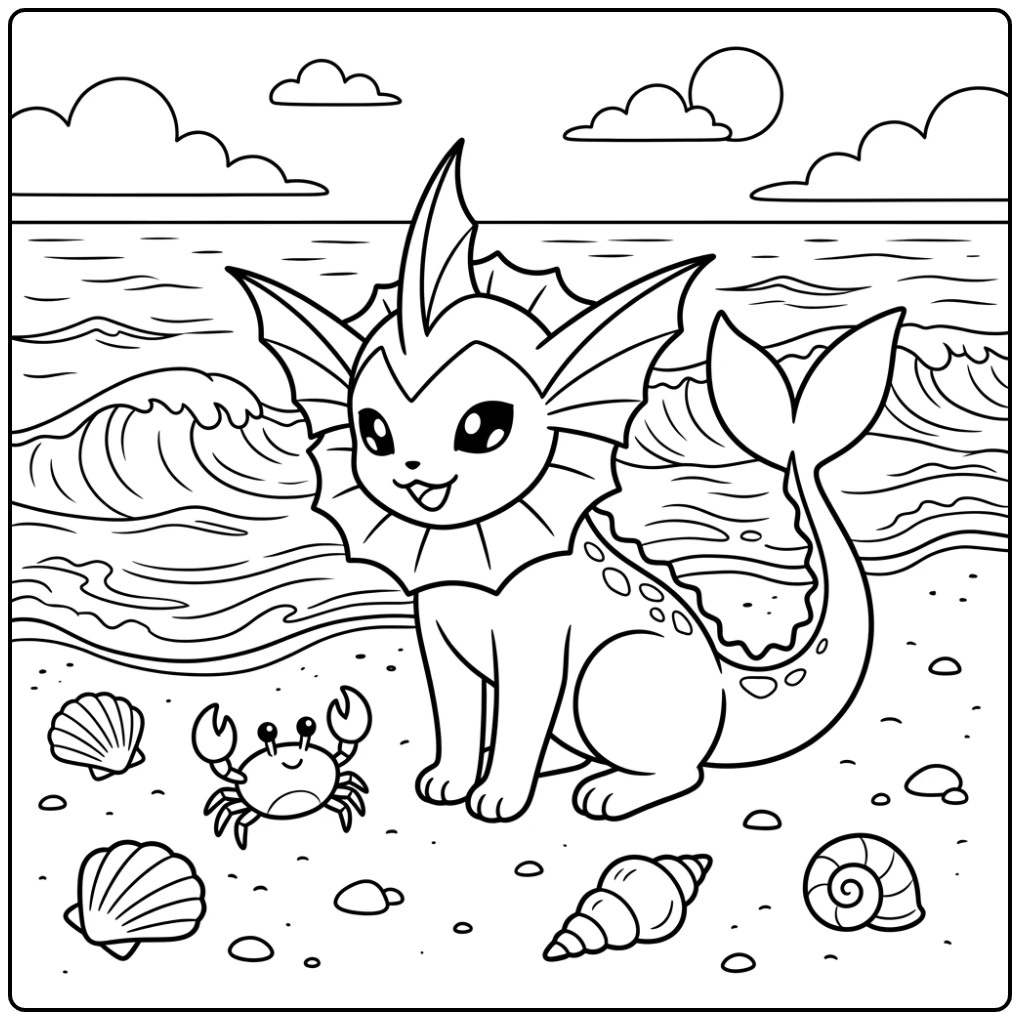 Fun Vaporeon and Crab on the Beach coloring page