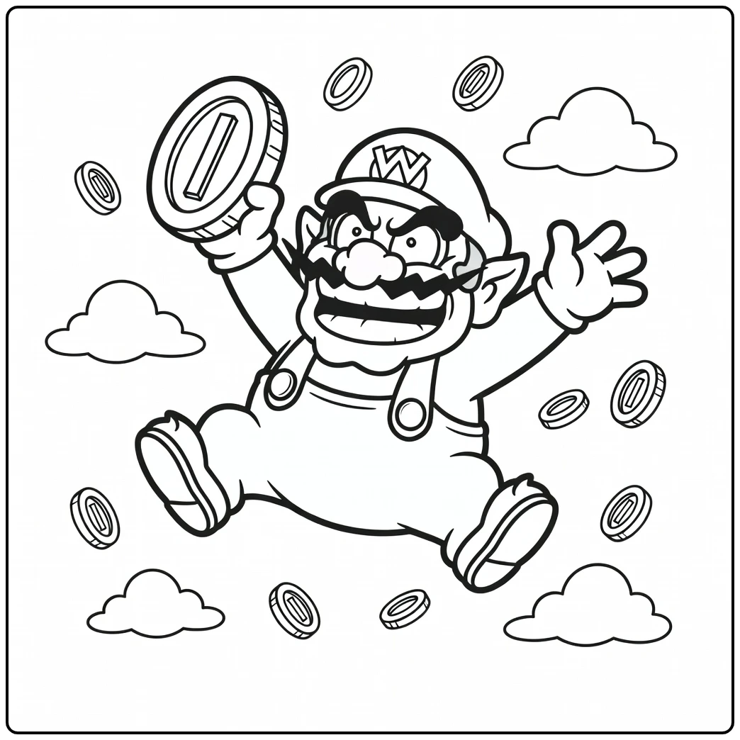 Fun Wario Jumping with a Big Coin coloring page