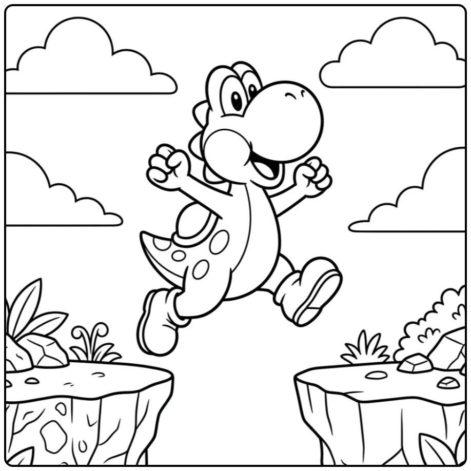 Fun Yoshi That Over a Canyon Jumping coloring page