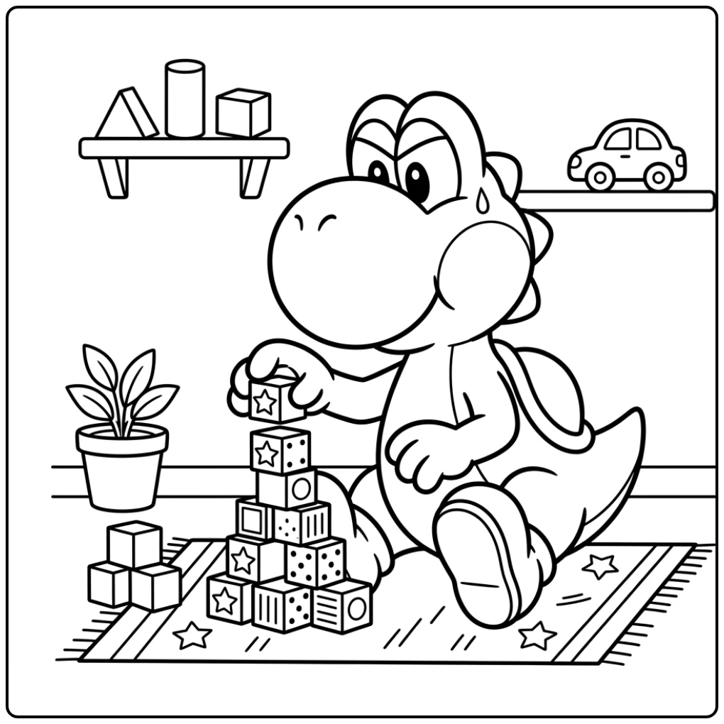 Fun Yoshi at the Building with Blocks coloring page